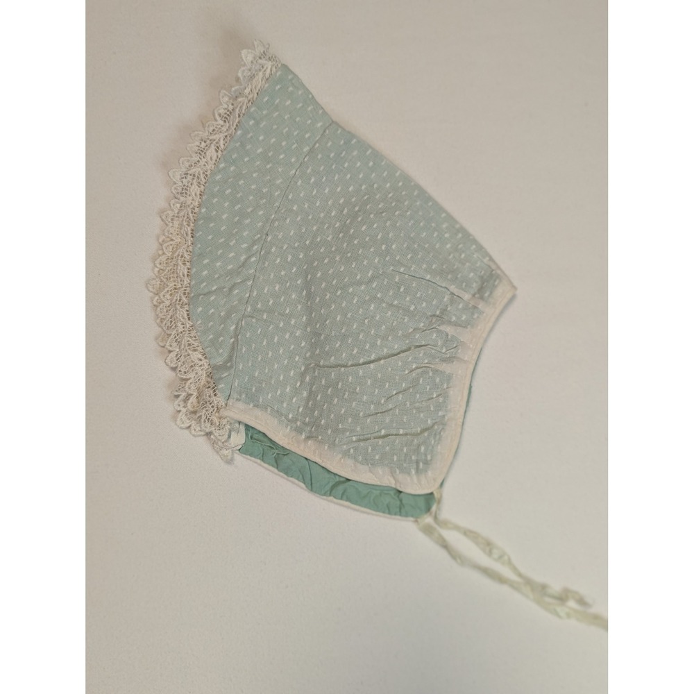 Vintage Mint Green‎ Swiss Dot Baby Bonnet Lace Trim Ribbon Tie Sun Hat